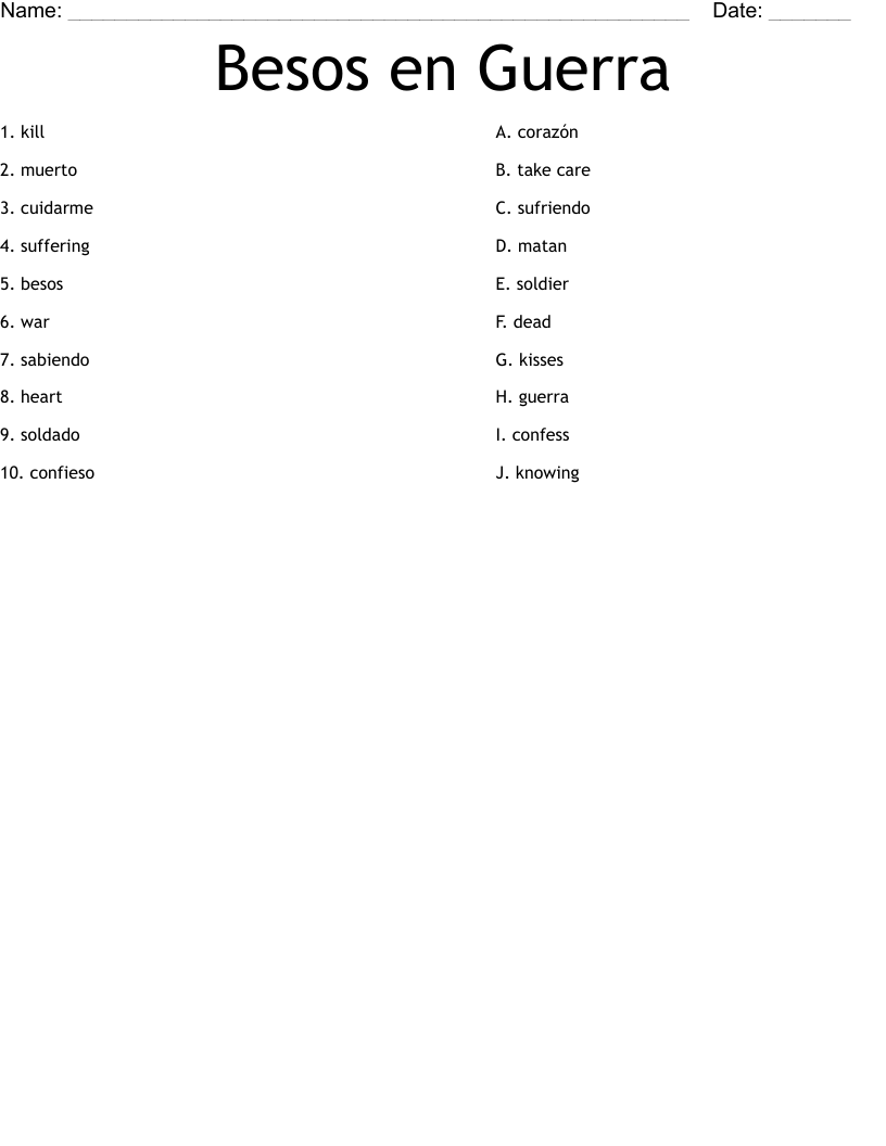 Besos en Guerra Worksheet