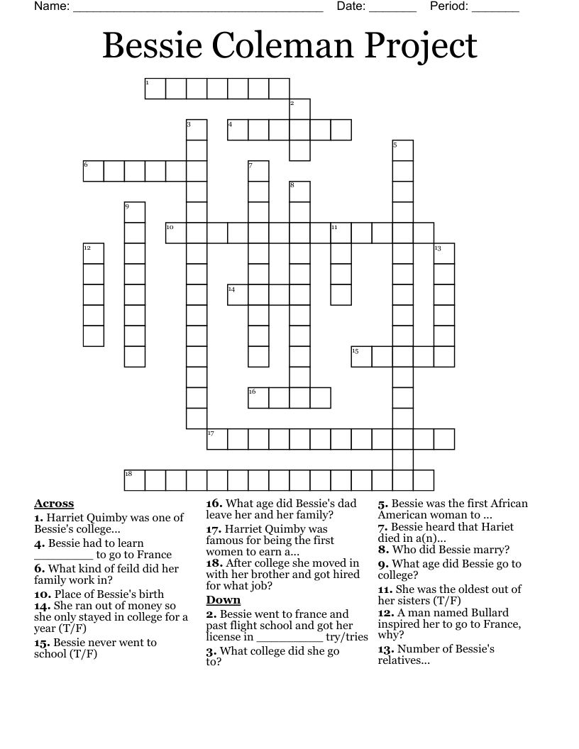 Bessie Coleman Project Crossword