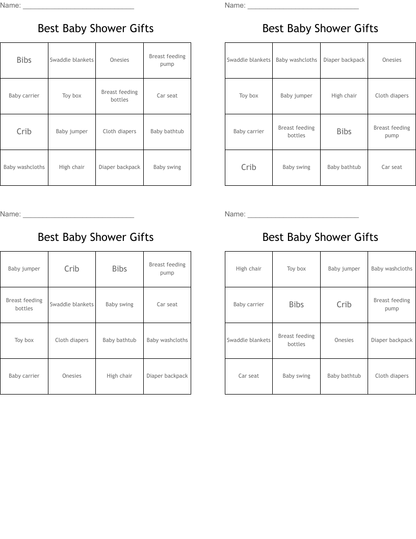 Best Baby Shower Gifts Bingo Cards