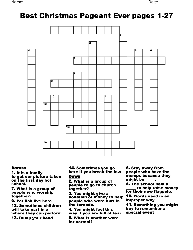 Best Christmas Pageant Ever pages 1-27 Crossword