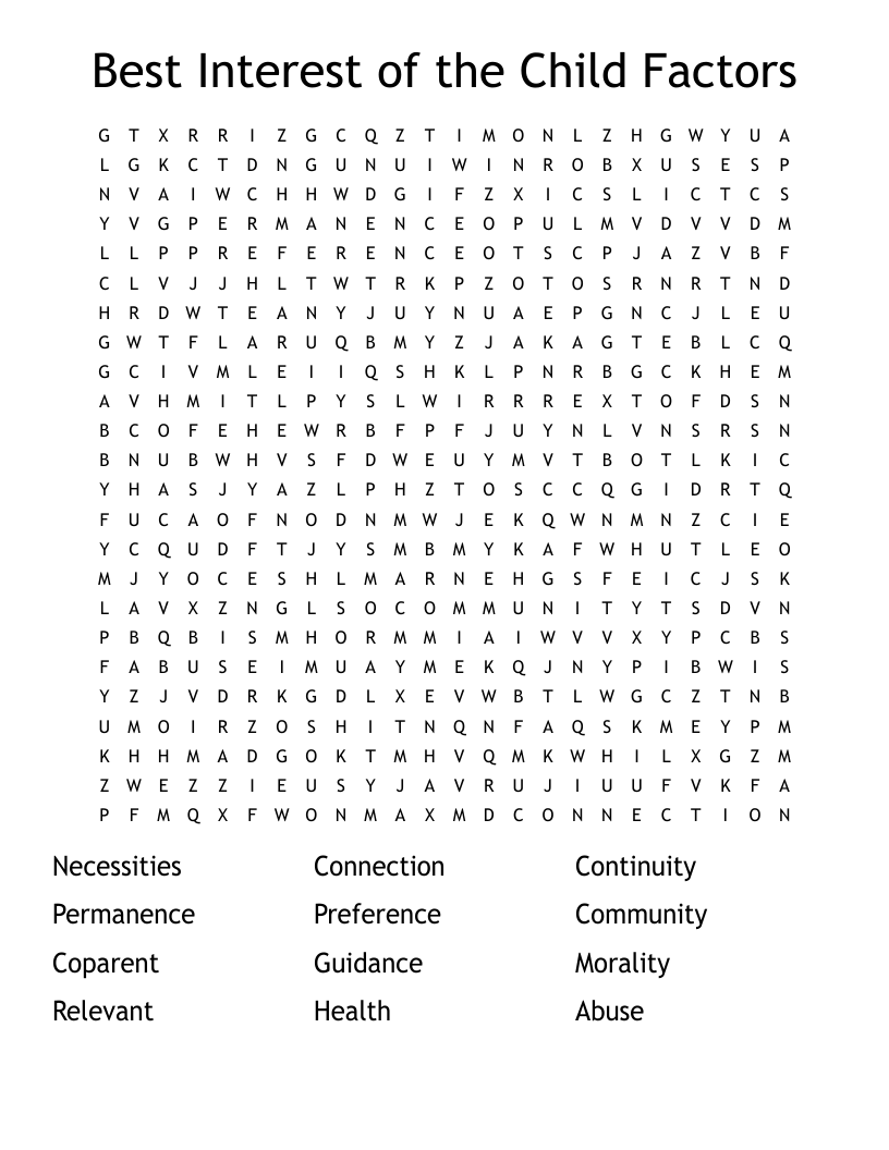 Best Interest of the Child Factors Word Search