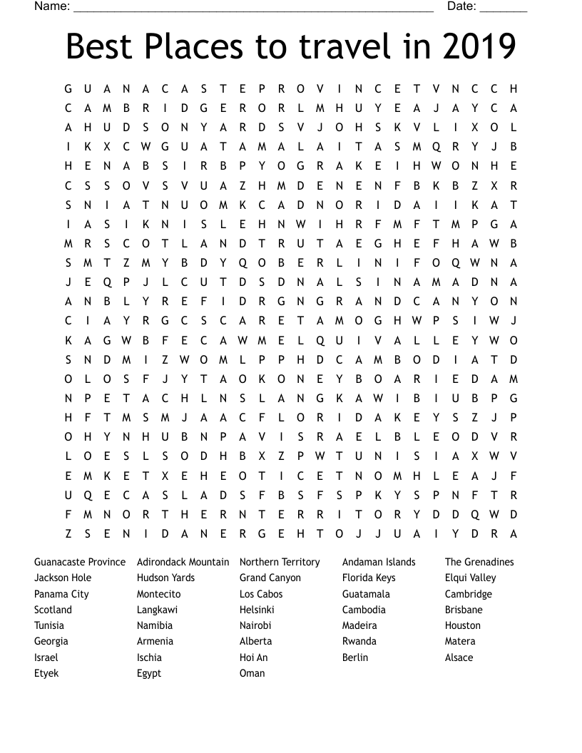 Best Places to travel in 2019  Word Search