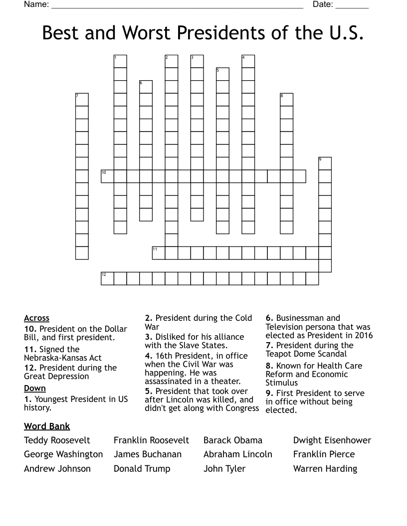 Best and Worst Presidents of the U.S. Crossword