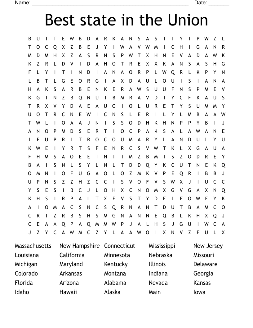 Best state in the Union Word Search