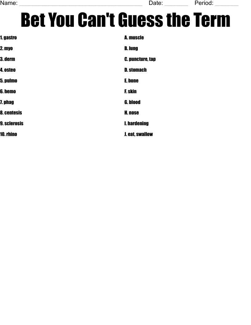 Bet You Can't Guess the Term Worksheet