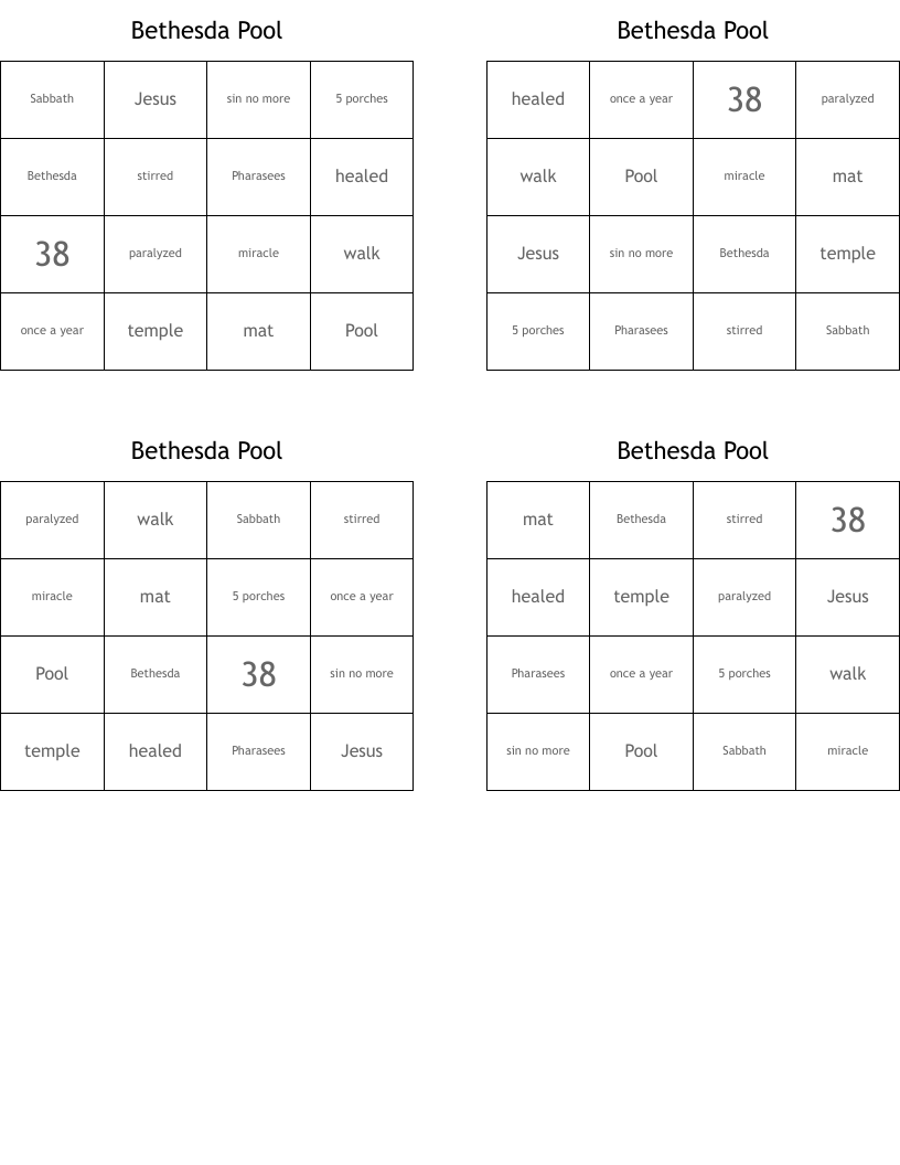 Bethesda Pool Bingo Cards