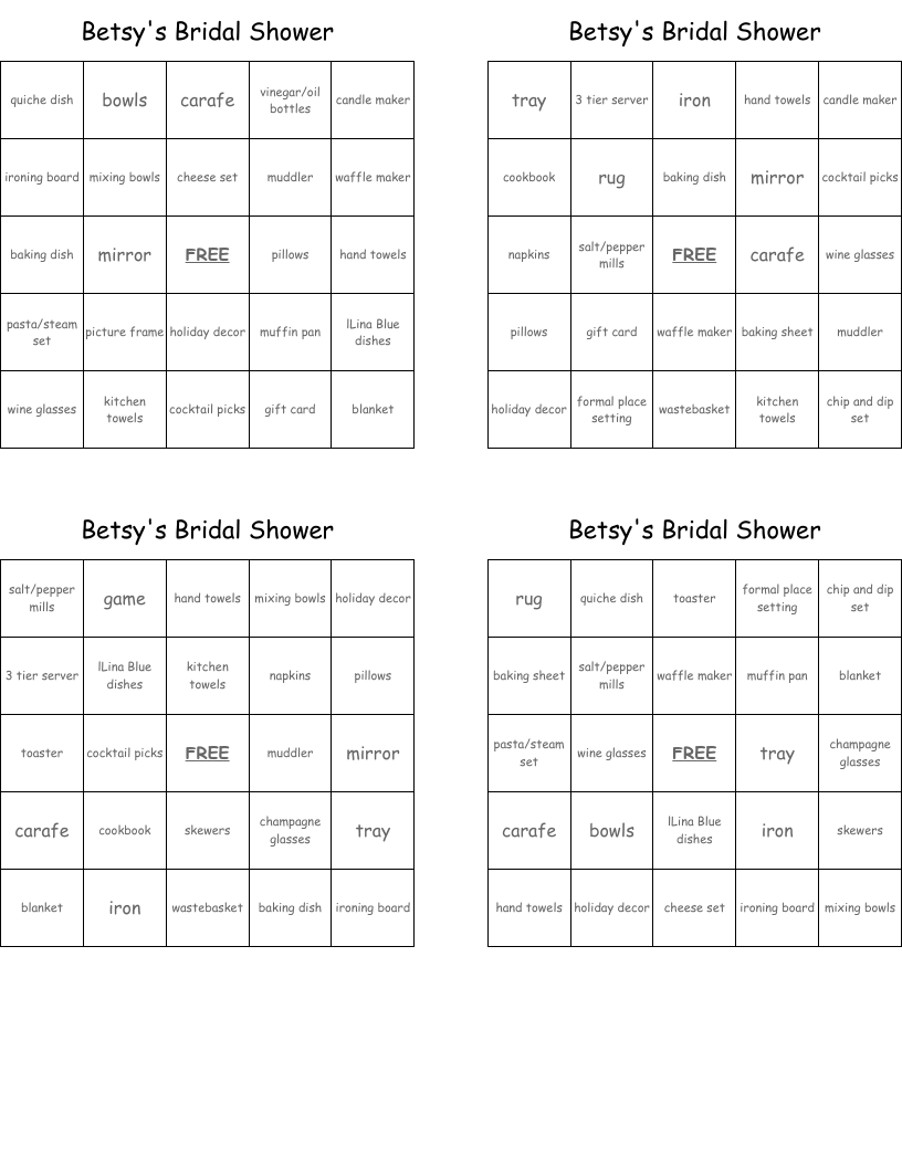 Betsy's Bridal Shower Bingo Cards