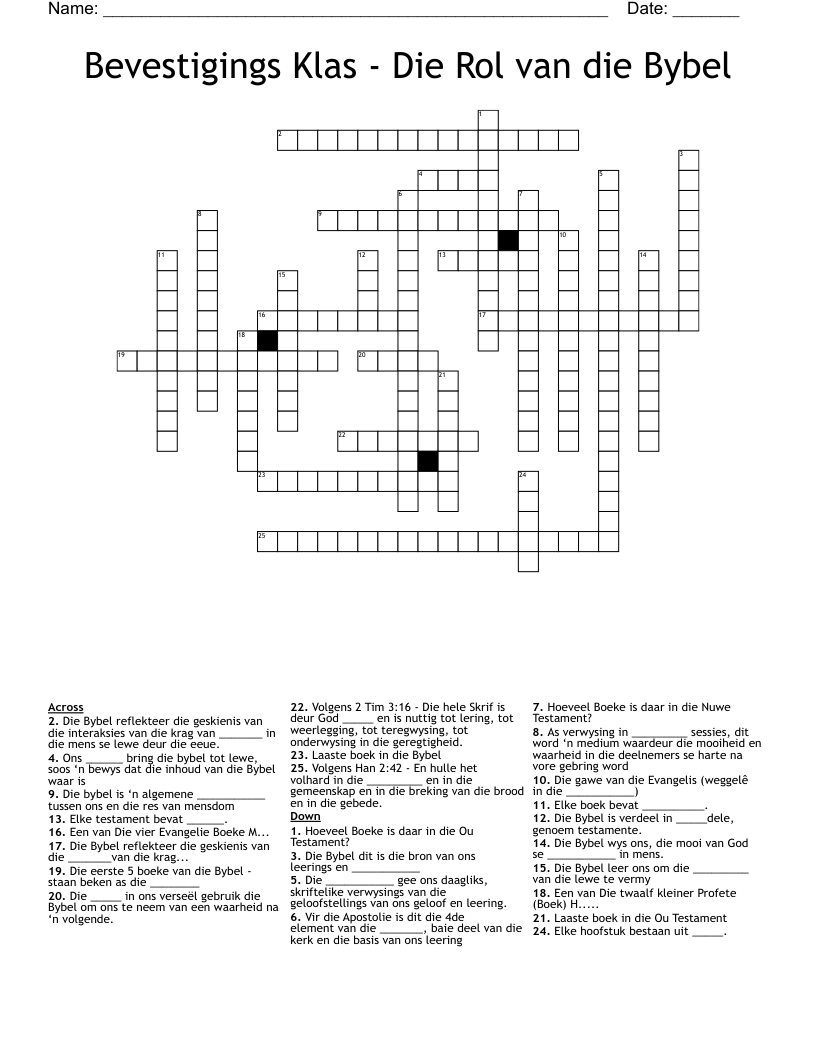 Bevestigings Klas - Die Rol van die Bybel Crossword