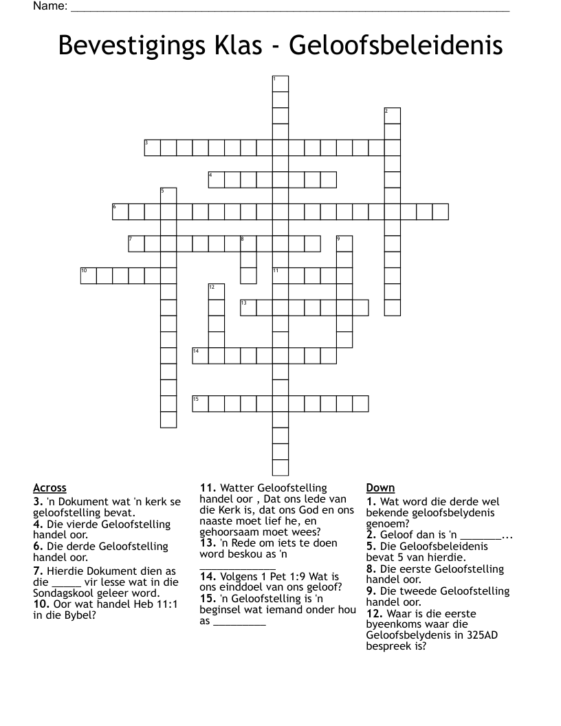 Bevestigings Klas - Geloofsbeleidenis Crossword
