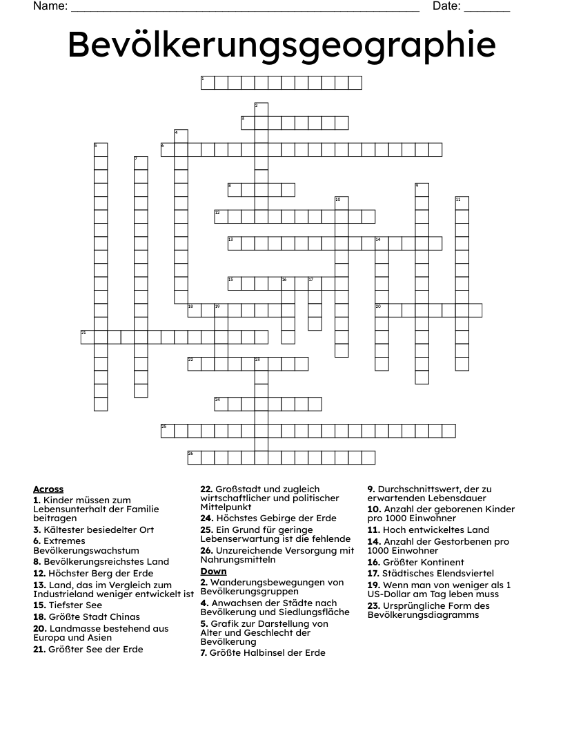 Bevölkerungsgeographie Crossword