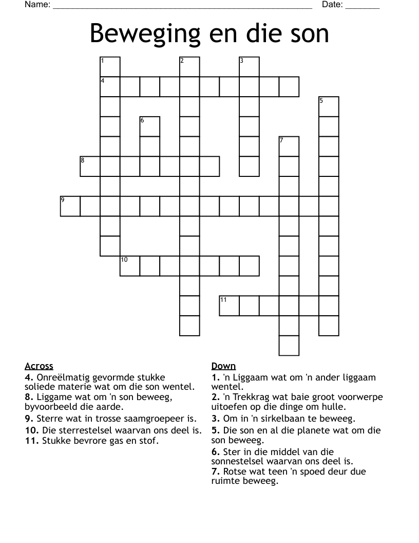 Beweging en die son Crossword