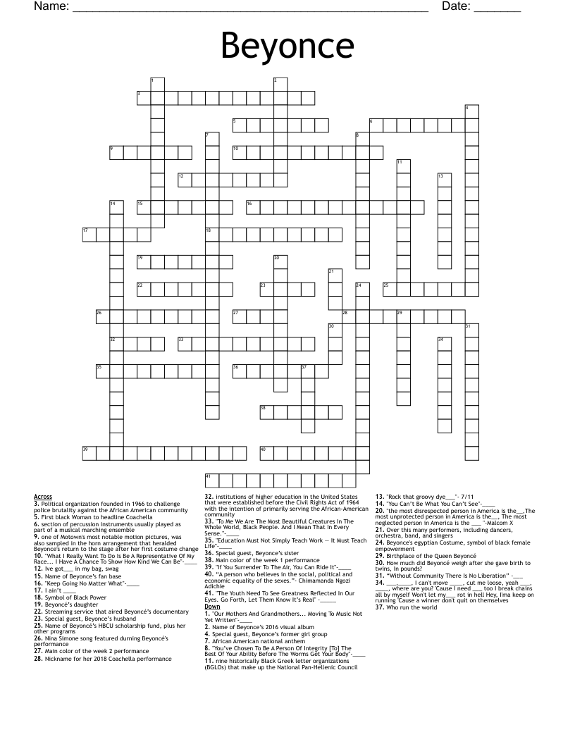 Beyonce Crossword