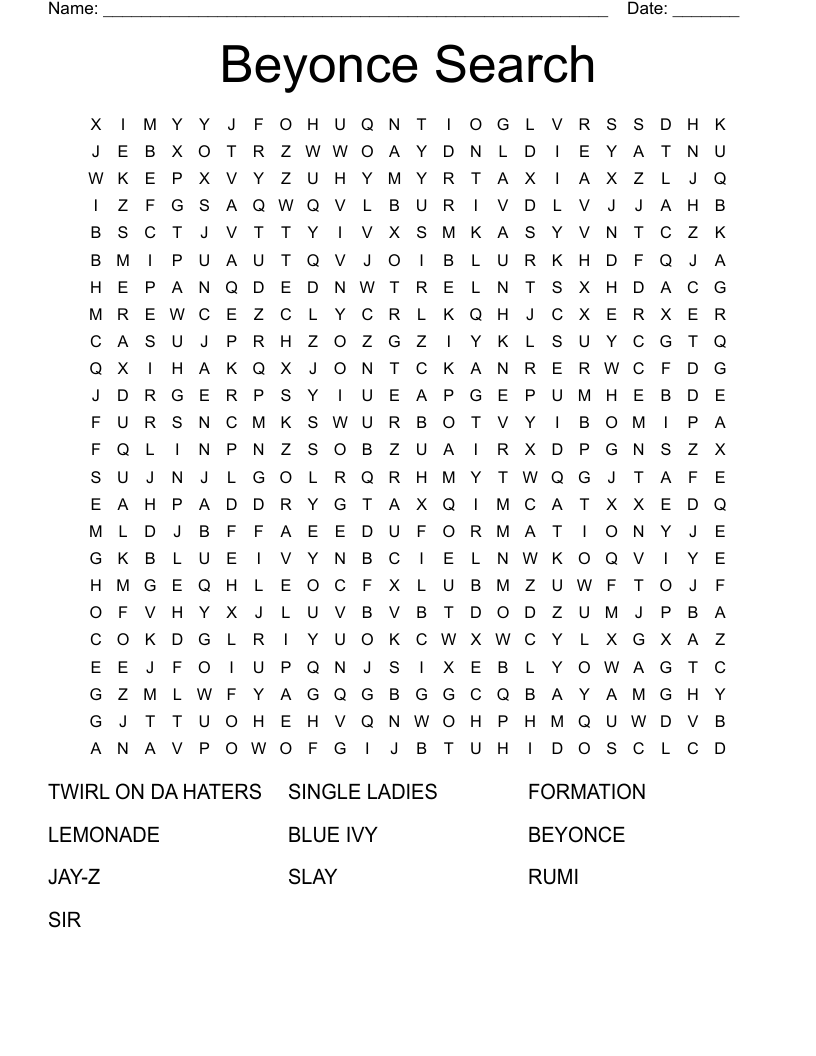 Beyonce Search Word Search