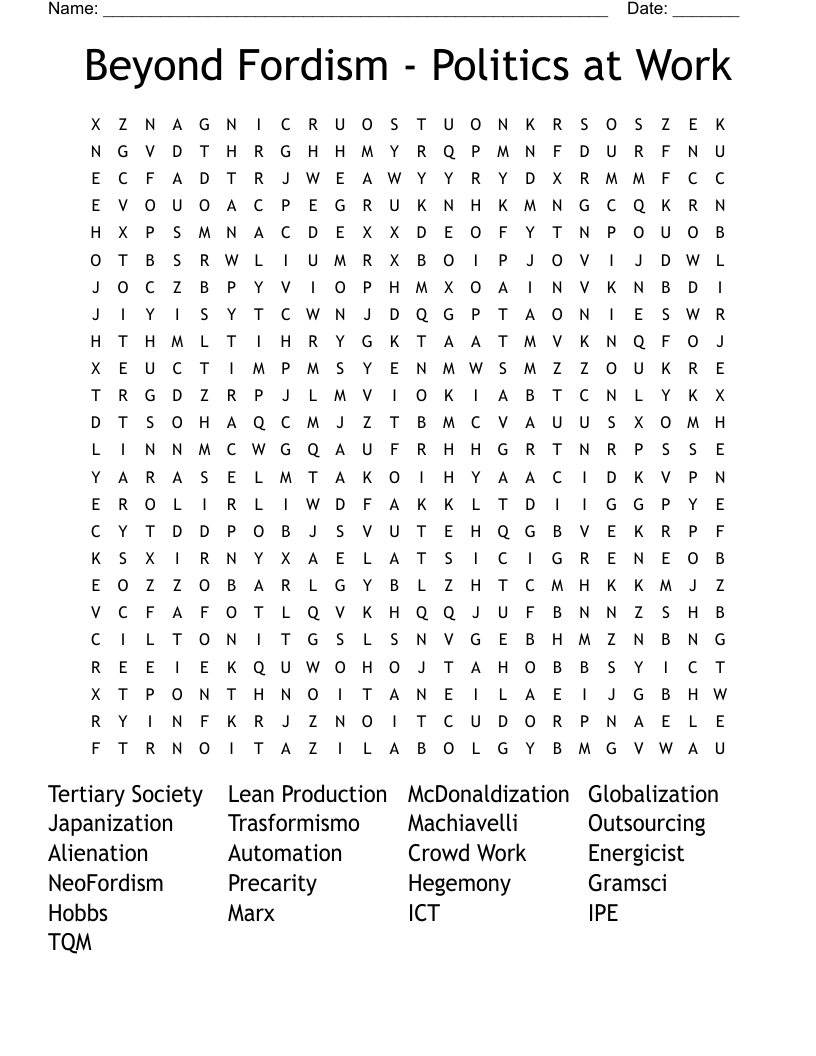Beyond Fordism - Politics at Work Word Search