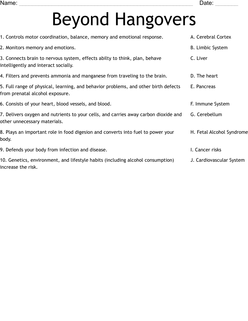 Beyond Hangovers Worksheet