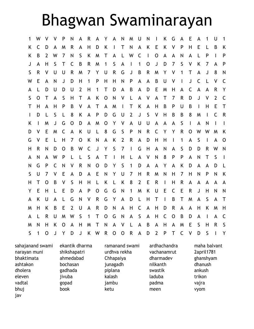 Bhagwan Swaminarayan  Word Search