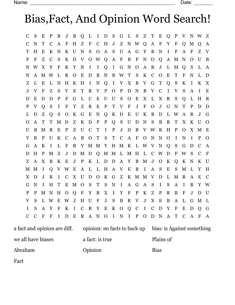 Bias,Fact, And Opinion Word Search!