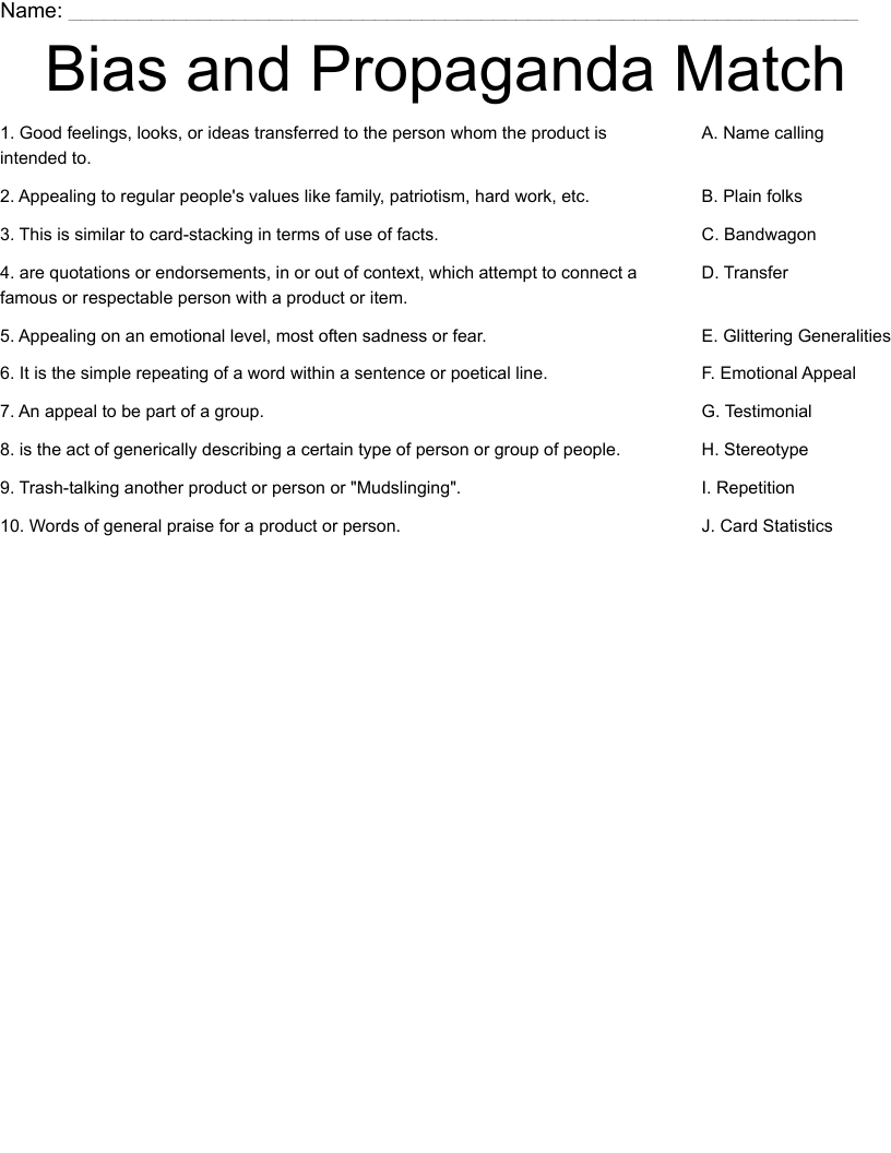 Bias and Propaganda Match Worksheet