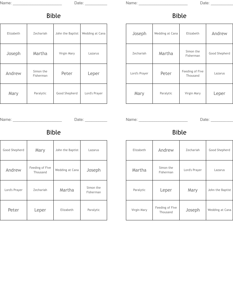 Bible Bingo Cards