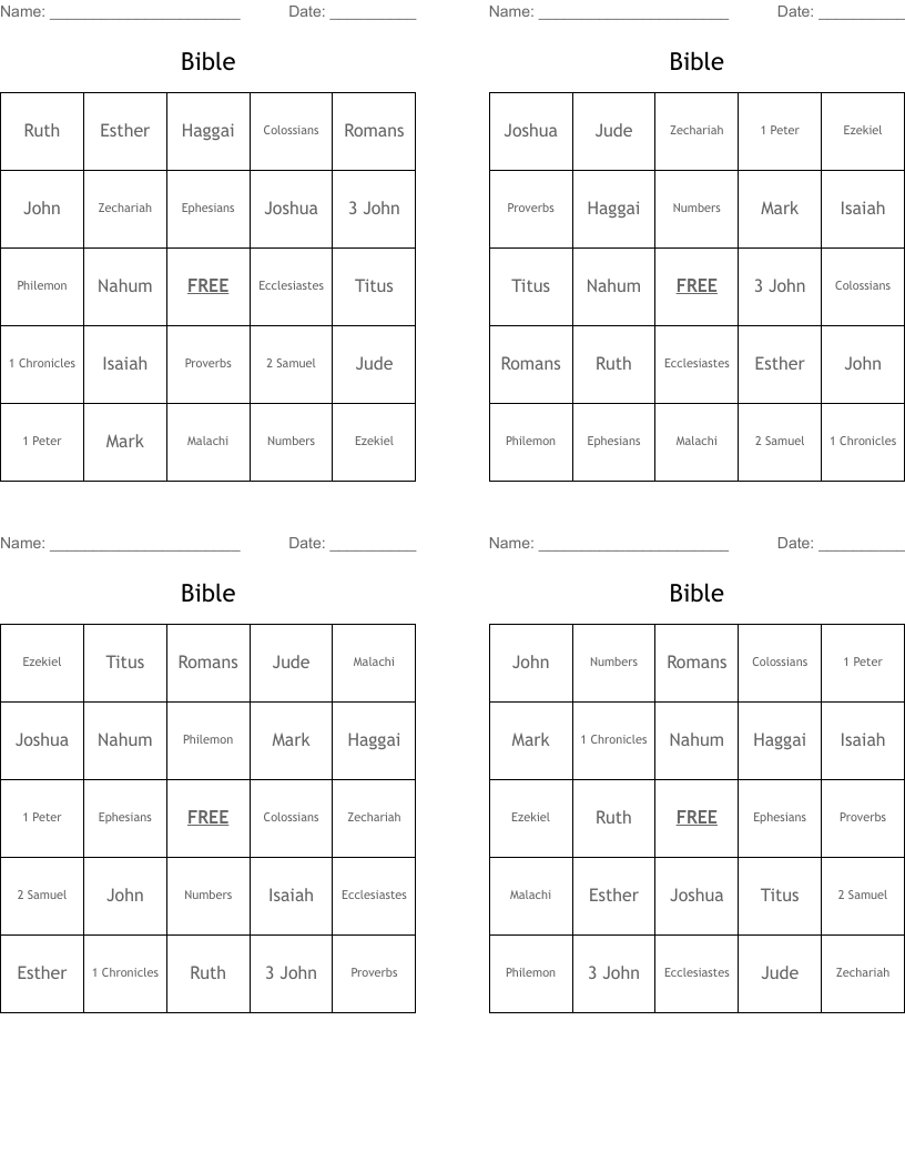 Bible Bingo Cards