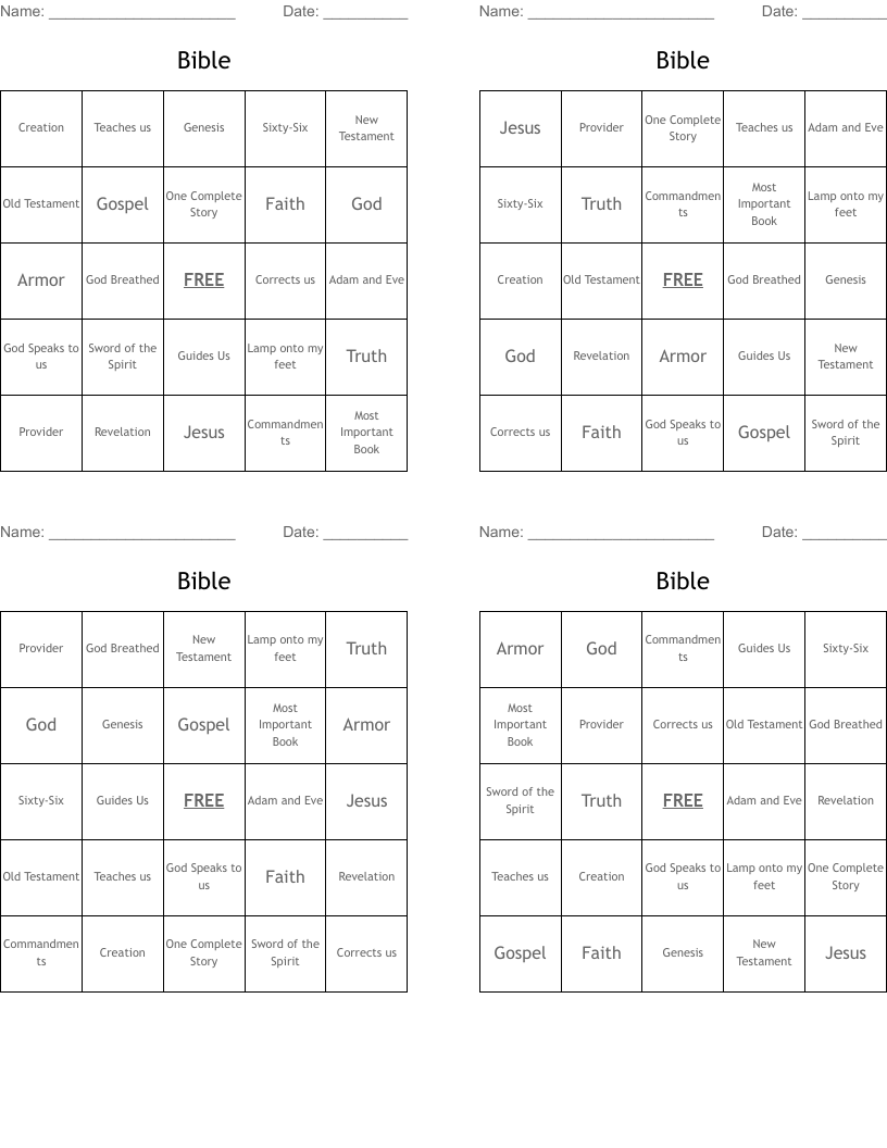 Bible Bingo Cards