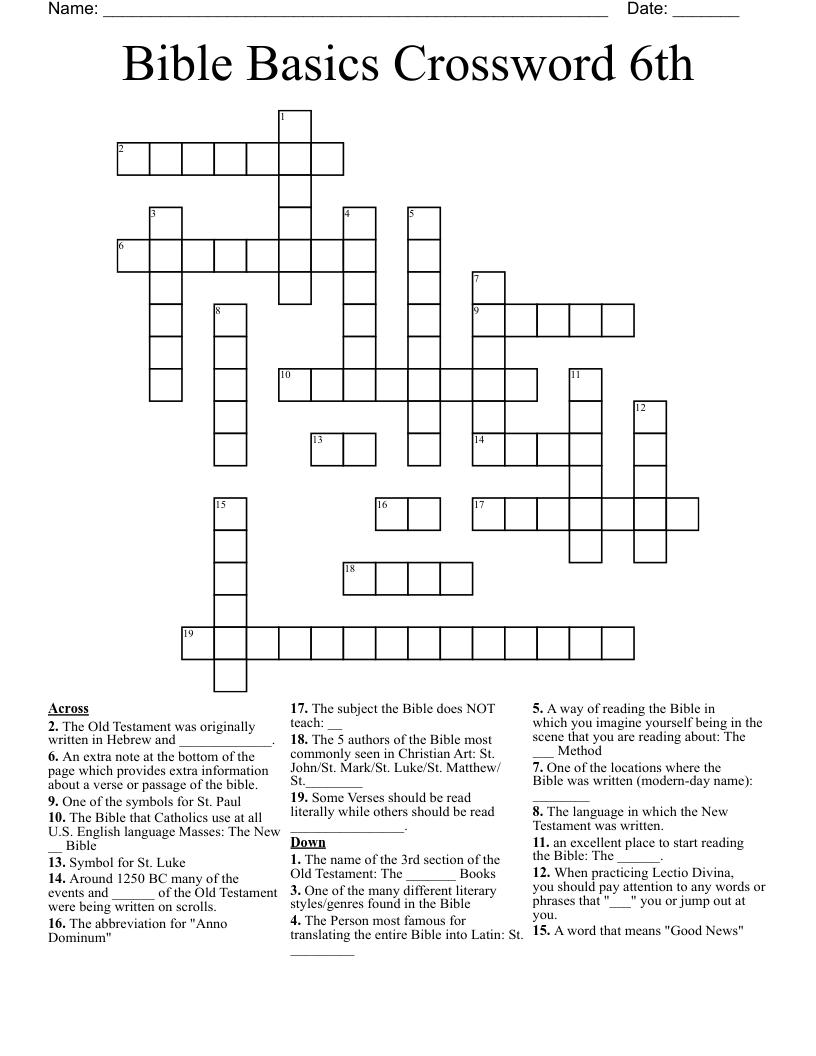 Bible Basics Crossword 6th