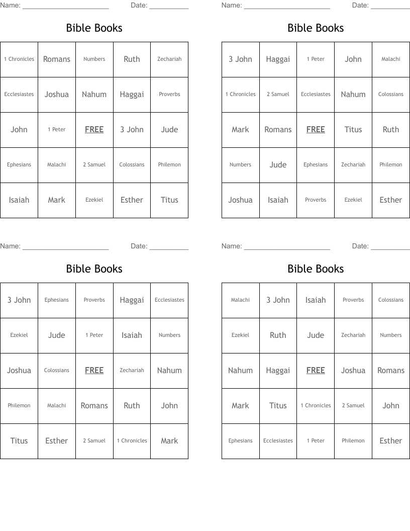 Bible Books Bingo Cards