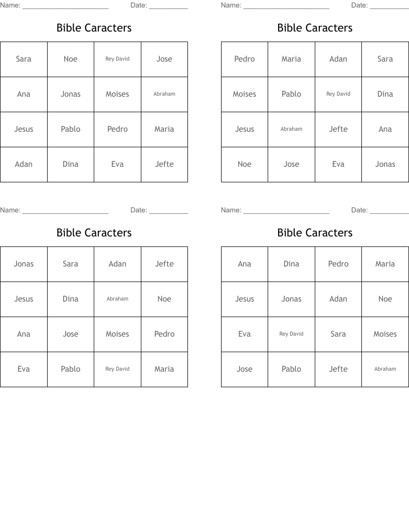 Bible Caracters Bingo Cards