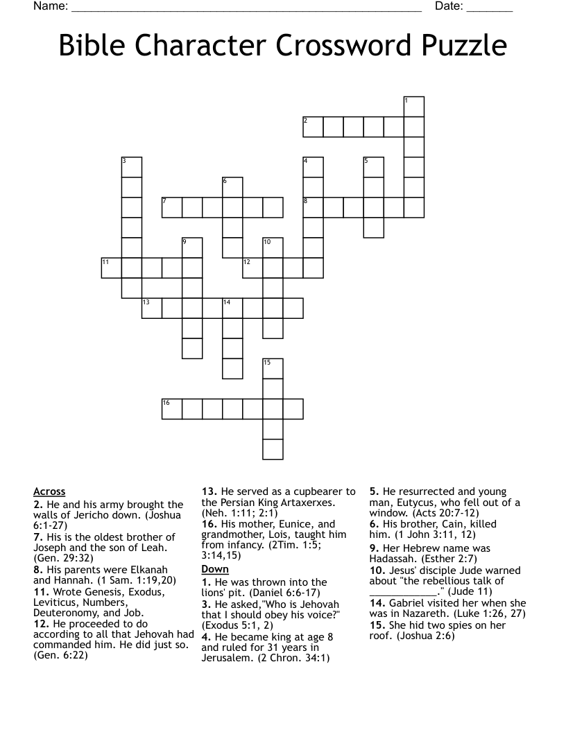 Bible Character Crossword Puzzle