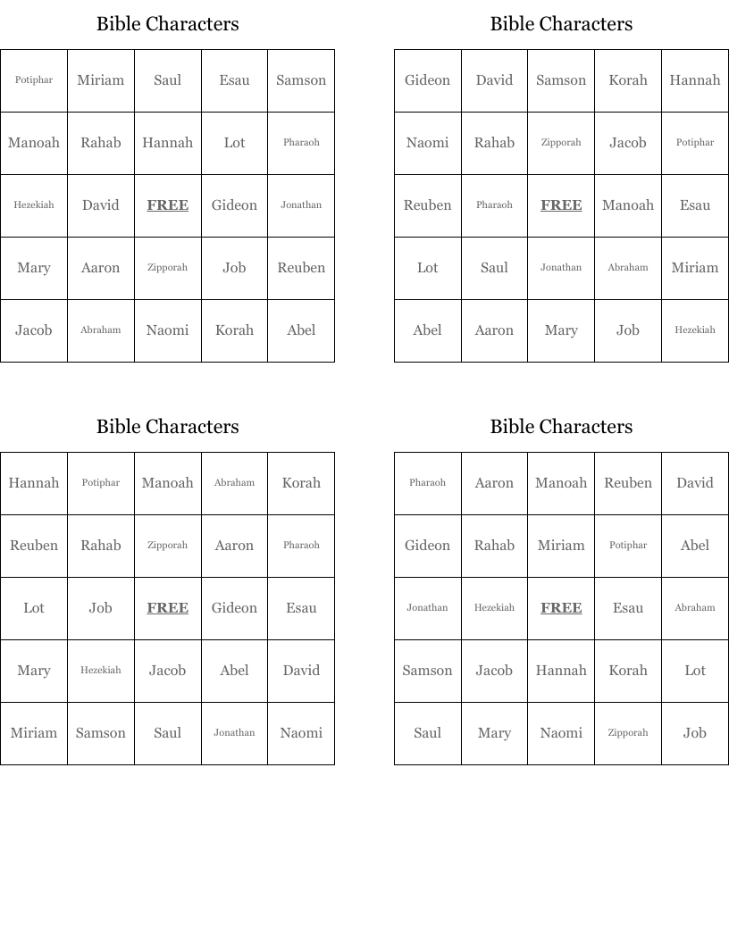 Bible Characters Bingo Cards