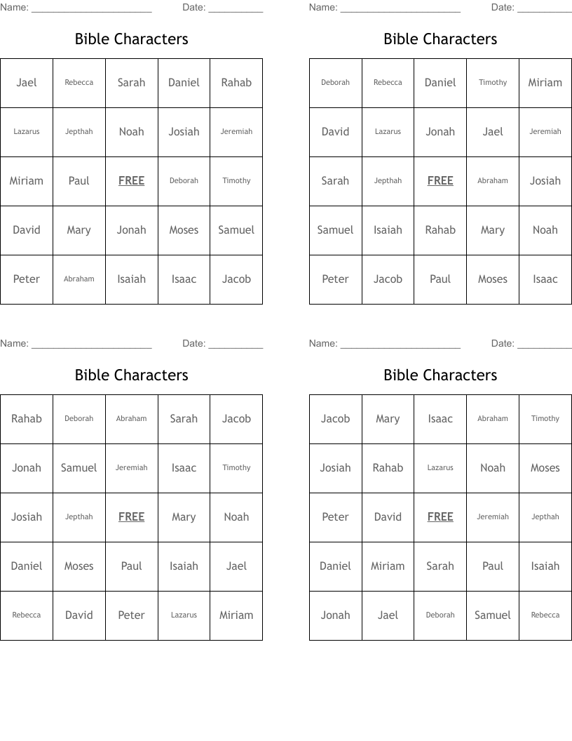 Bible Characters Bingo Cards