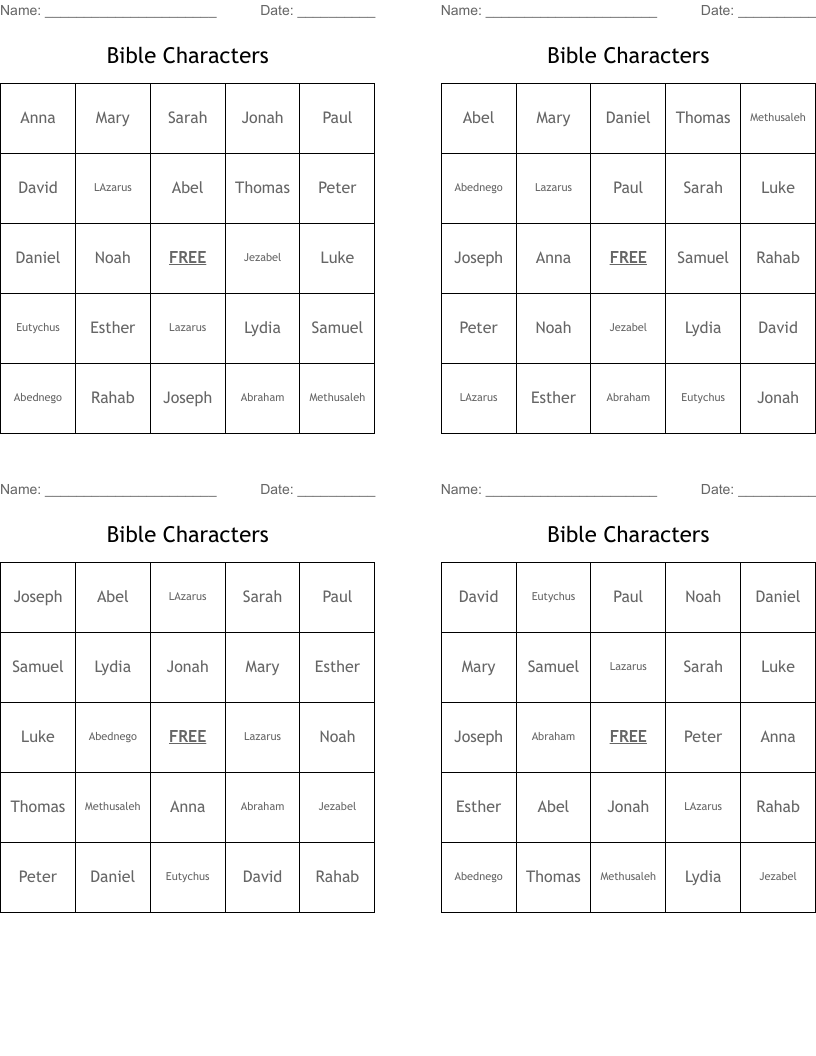 Bible Characters Bingo Cards