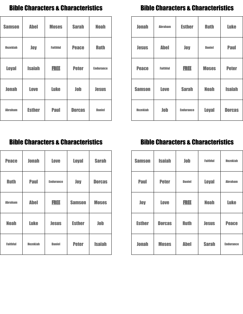 Bible Characters & Characteristics Bingo Cards