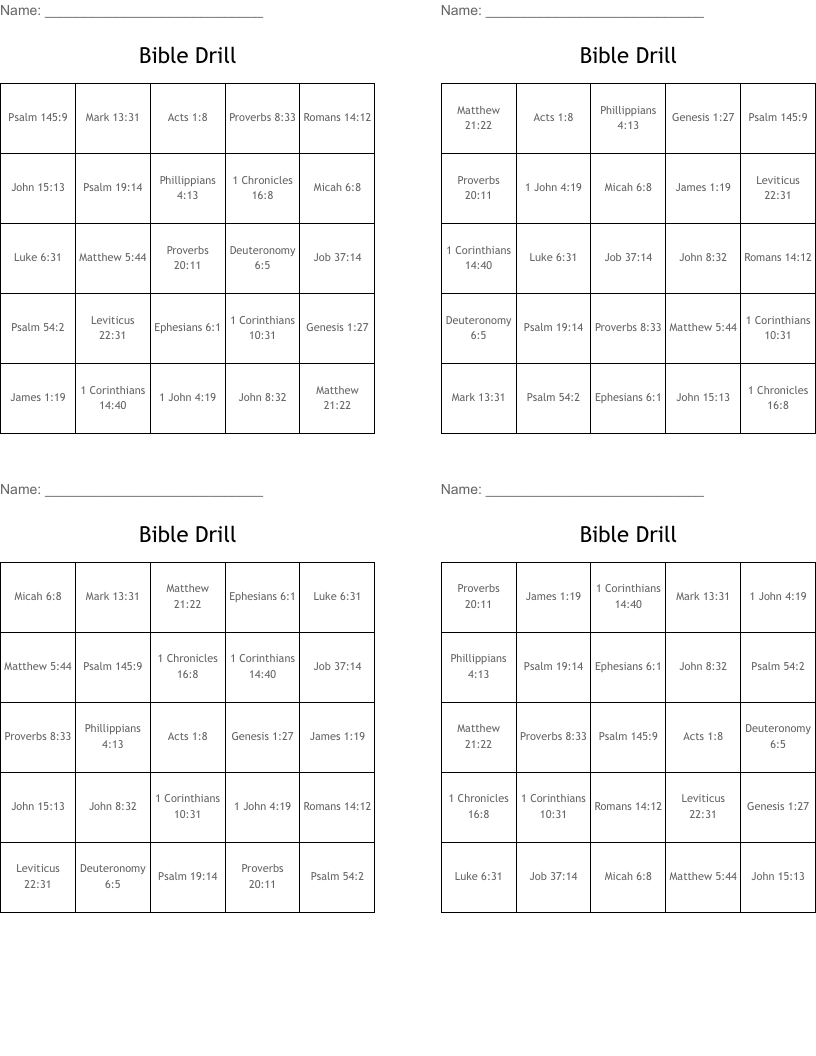 Bible Drill Bingo Cards