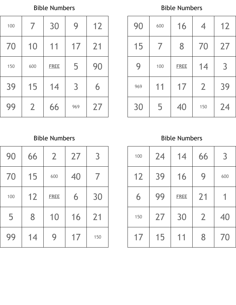 Bible Numbers Bingo Cards