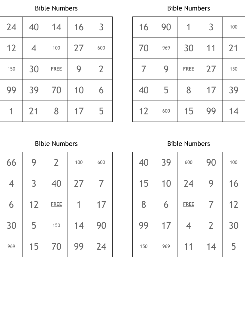 Bible Numbers Bingo Cards
