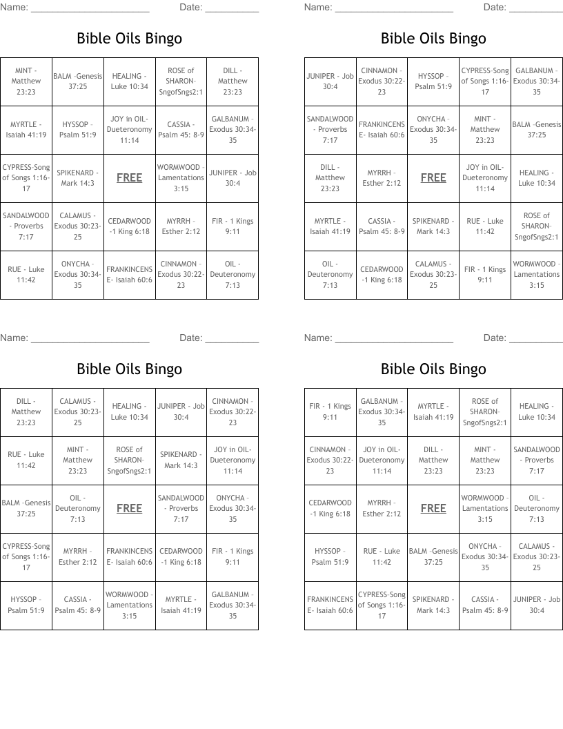 Bible Oils Bingo