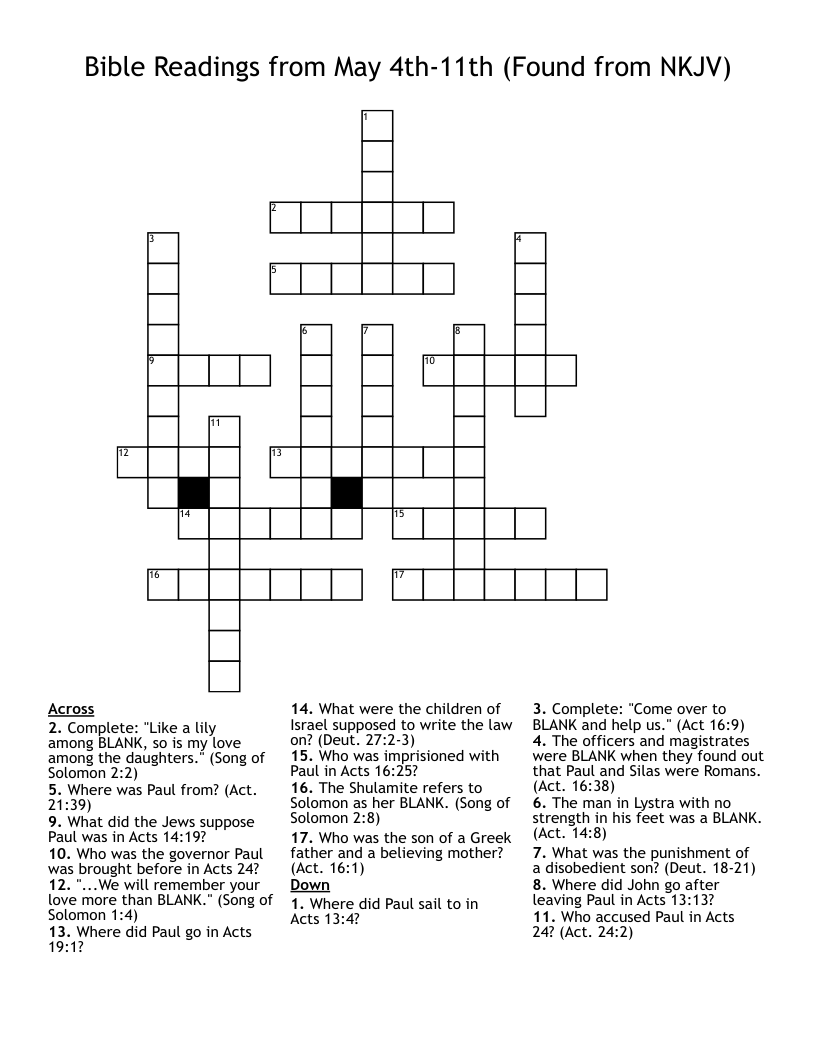 Bible Readings from May 4th-11th (Found from NKJV) Crossword