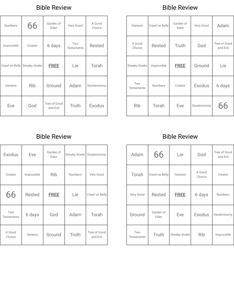 Bible Review Bingo Cards