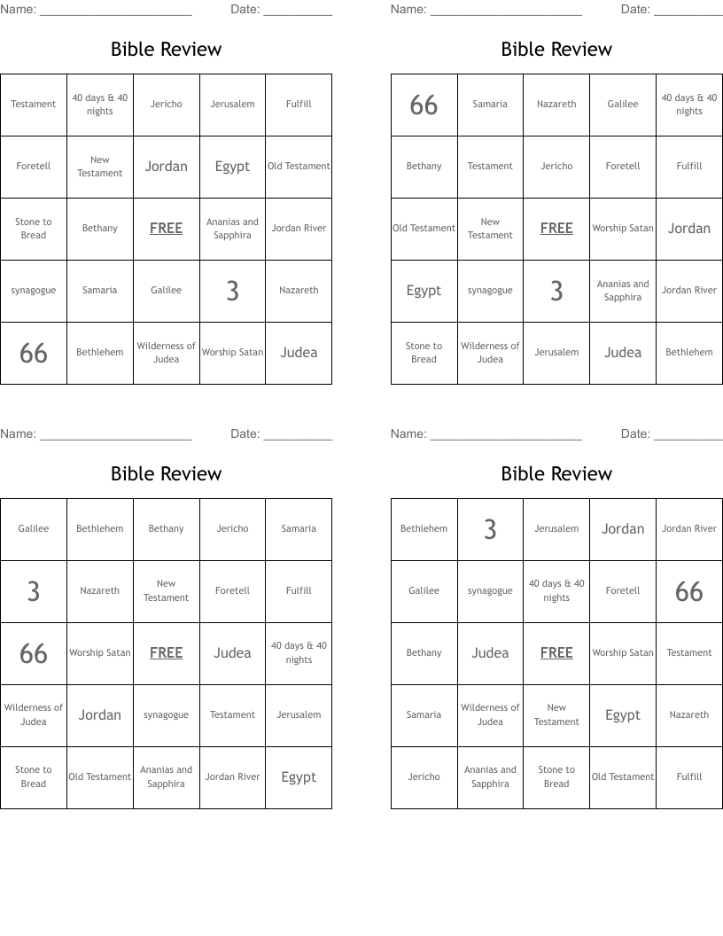Bible Review Bingo Cards