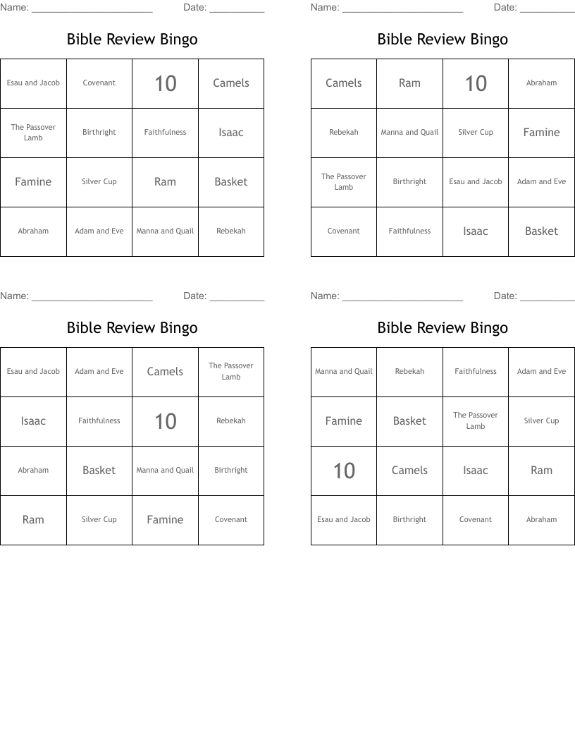 Bible Review Bingo