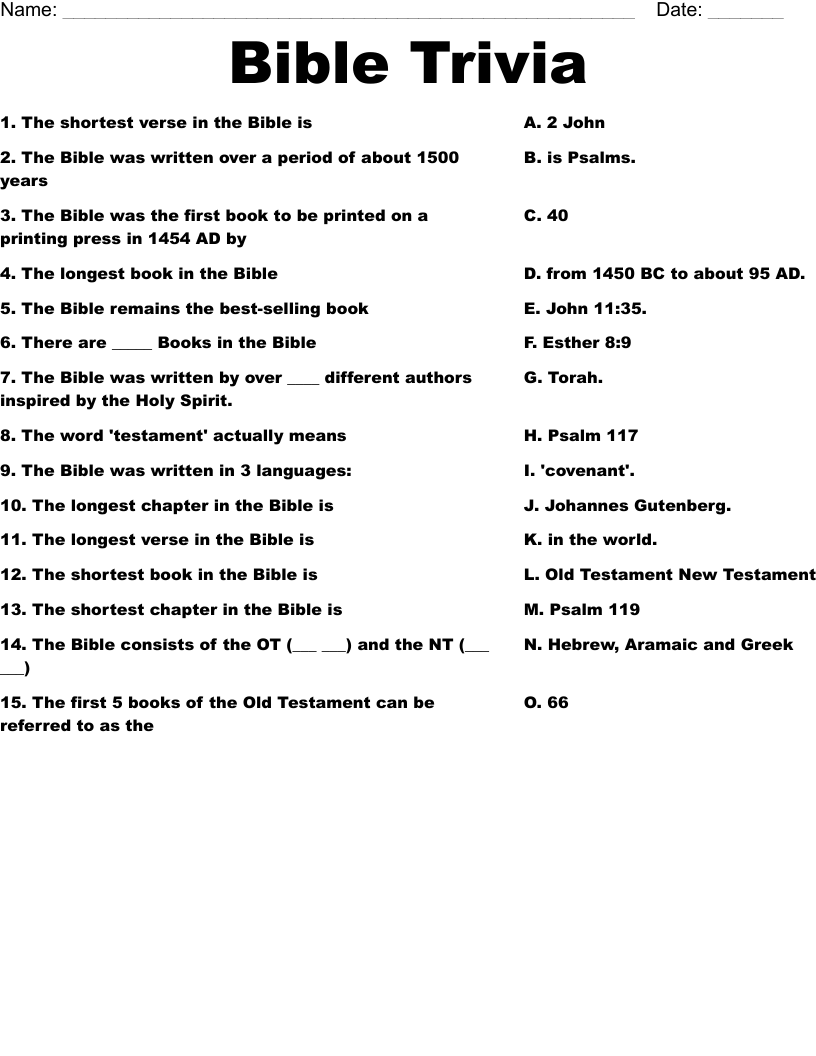 Bible Trivia Worksheet