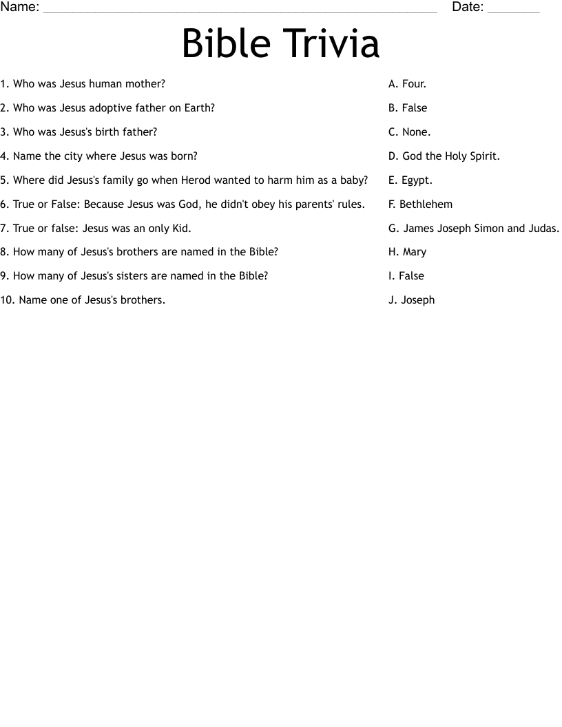 Bible Trivia Worksheet