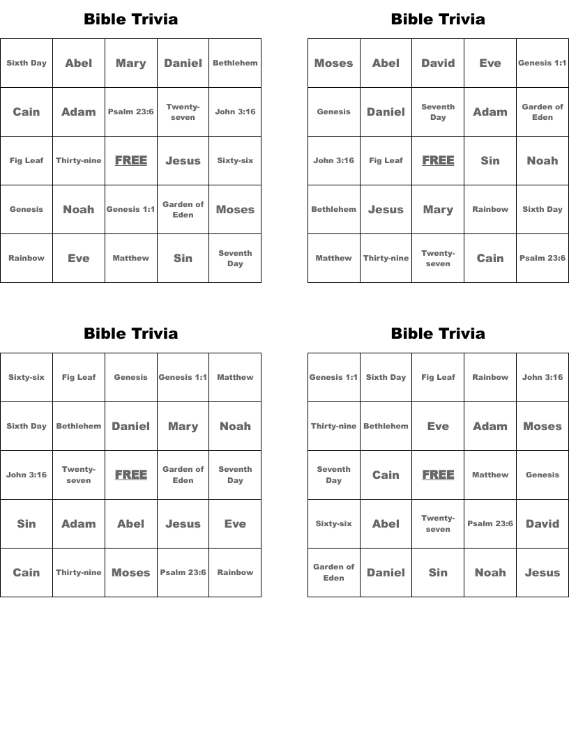Bible Trivia Bingo Cards