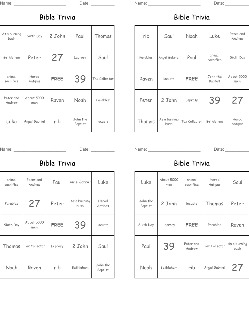 Bible Trivia Bingo Cards