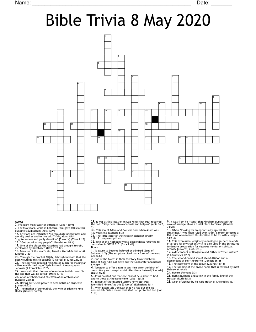 Bible Trivia 8 May 2020 Crossword
