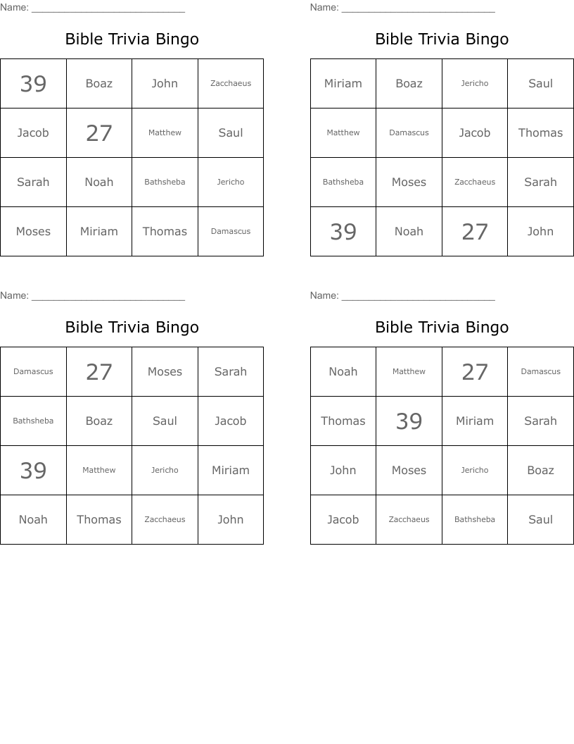Bible Trivia Bingo