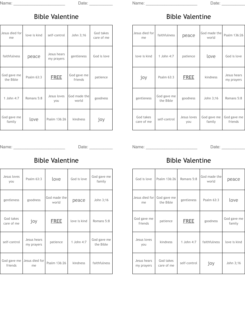 Bible Valentine Bingo Cards