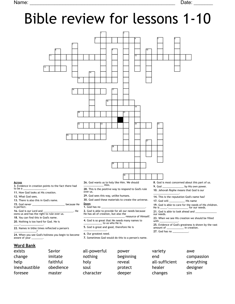 Bible review for lessons 1-10 Crossword