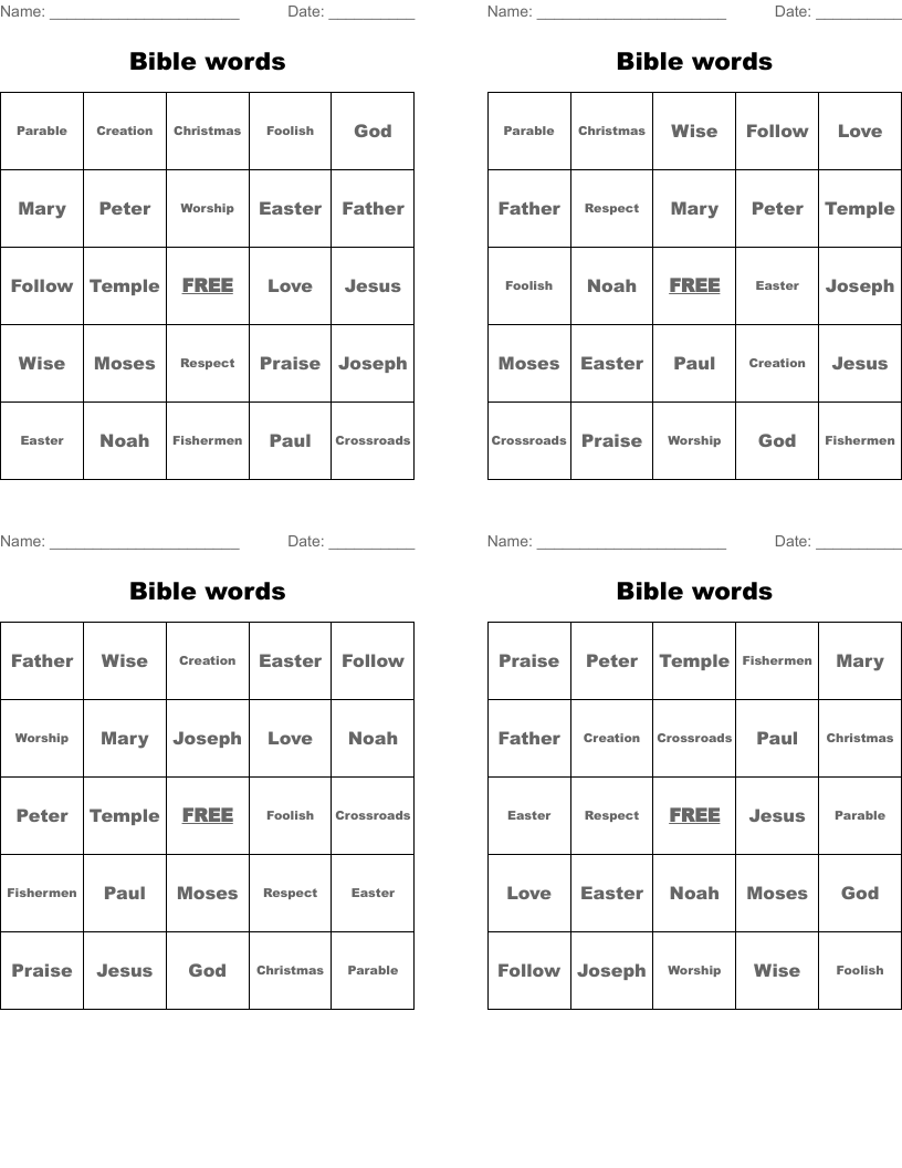 Bible words Bingo Cards